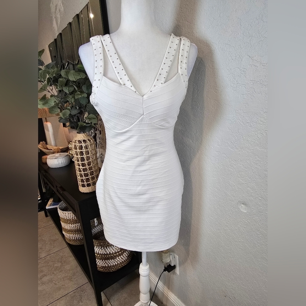 Guess Los Angeles Bandage Bodycon White Dress White And Gold Studded Size 8